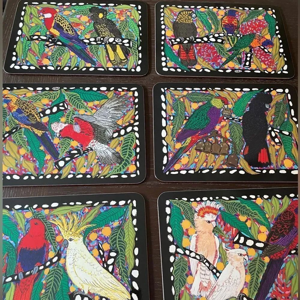 Jenny Kee Designer Tropical Birds Vintage Australian Cork Gloss Placemats set/6